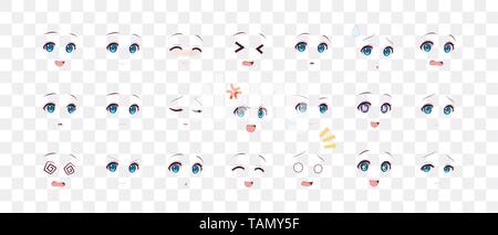 Wirkliche Handyspiel cartoon Augen von Anime (Manga) Mädchen, im japanischen Stil. Satz von verschiedenen Emotionen Stock Vektor