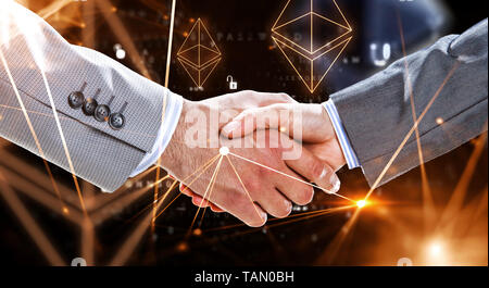 Business Handshake von einem Mann und einer Frau, Hände, Nahaufnahme und des Astraleums Symbole. Mixed Media Stockfoto