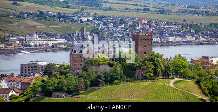 Die Burg Klopp in Bingen, Blick auf Rüdesheim auf der anderen Seite des Rheins, Oberes Mittelrheintal, Rheinland-Pfalz, Deutschland Stockfoto