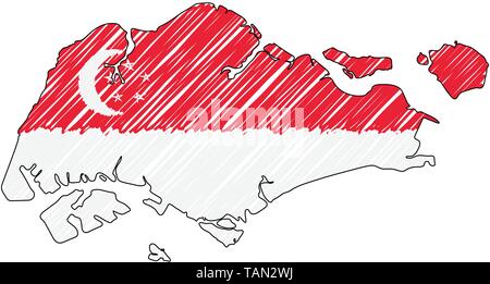 Singapur Karte Hand gezeichnete Skizze. Vektor Konzeption Illustration flag, Kinder Zeichnen, Kritzeln Karte. Land Karte für Infografik, Broschüren und Stock Vektor