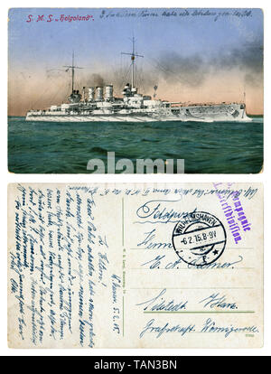 Deutsche Historische Postkarte: SMS Helgoland, 1909, deutsche Schlachtschiff der Helgoland Typ, erster Weltkrieg 1914-1918, die Marine des Deutschen Reiches Stockfoto