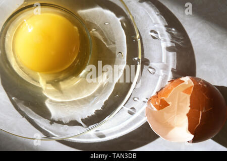 Gebrochene rohem Huhn Ei im Glas Untertasse und der seinen braunen Shell im Sonnenlicht Stockfoto