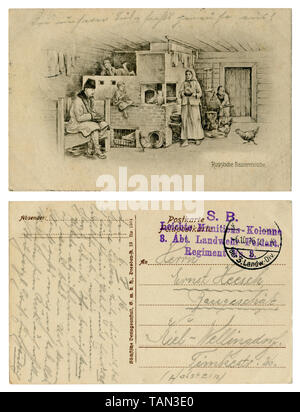 Deutsche Historische Postkarte: Russische Country House, Familie neben einem typischen gemauerten Herd in einer Holzhütte. Der erste Weltkrieg von 1914-1918, Deutschland Stockfoto