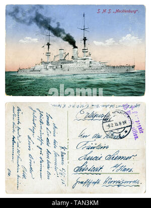 Deutsche Historische Postkarte: SMS-Mecklenburg, das geschwader Schlachtschiff Typ Wittelsbacher erster Weltkrieg 1914-1918, die Marine des Deutschen Reiches, 1915 Stockfoto