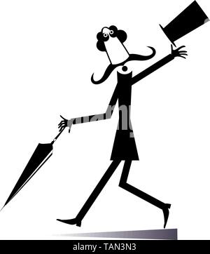 Langen Schnurrbart Mann in den Hut zu Fuß mit Schirm schwarz auf weiß Abbildung: Stock Vektor