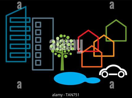 Stadt Symbole. Gebäude, Baum, Auto, park Wasser und Haus Vector Illustration Stock Vektor