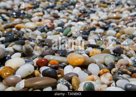 Bunte Kleine abgerundete nassen Kieselsteinen auf einen Kiesstrand Stockfoto