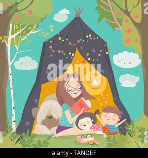 Mutter und ihre Kinder Buch in einem Tipi Zelt im Garten Stock Vektor