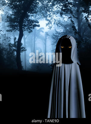 Gruselige Monster in mit Kapuze Umhang mit leuchtend gelben Augen im nebligen Wald landschaft. Foto Farben in blauer Farbe. 3D-Rendering Stockfoto
