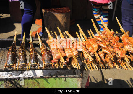 In der Nähe der traditionellen Grill essen mit Fisch und Huhn Darm am Spieß über Holzkohle Grill - Vang Vieng, Laos Stockfoto