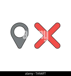 Vektor icon Konzept des Kartenzeigers mit x Markieren. Schwarzen umrissen und gefärbt. Stock Vektor