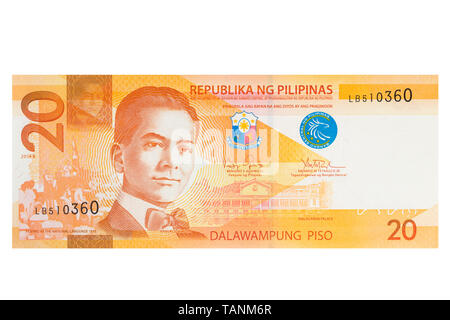 20 philippinischen Peso Banknote auf weißem Hintergrund Stockfoto
