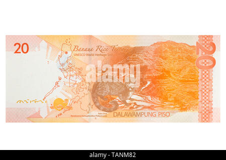20 philippinischen Peso Banknote auf weißem Hintergrund Stockfoto