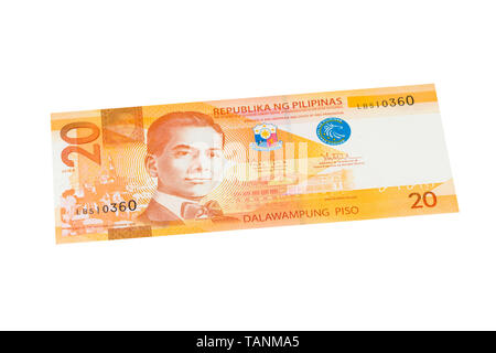 20 philippinischen Peso Banknote auf weißem Hintergrund Stockfoto
