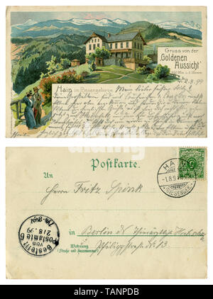 Deutsche Historische Werbung chromolithographic Postkarte: Berglandschaft mit Hotel "Goldenen Aussicht'. Touristen Guest House. Zurück Seite, 1899 Stockfoto