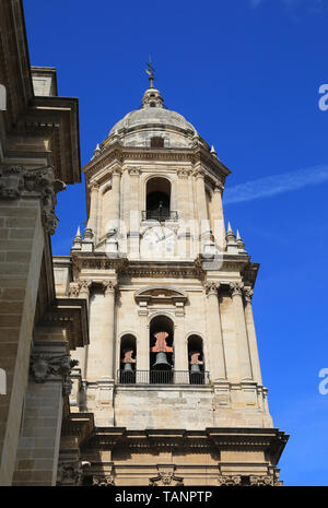 Der Glockenturm der schönen Kathedrale von Malaga, im Zentrum der Stadt an der Costa del Sol in Andalusien, in Spanien, Europa Stockfoto