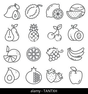 Satz von Obst Symbole. Vector Illustration Orange, Zitrone, Apfel, Mango und mehr Stock Vektor