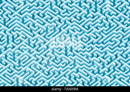 Endlose blau grün rechteckig Labyrinth oder Irrgarten Architektur Tapeten, Hintergrund- oder Hintergrund. Luftaufnahme. 3D-Render Abbildung. Stockfoto