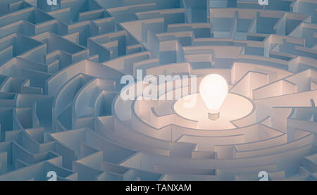 Kreisförmiges Labyrinth oder Labyrinth mit Glühbirne in der Mitte. Puzzle, Rätsel, Intelligenz, Denken, Lösung, IQ-Konzepte. 3D-Render Abbildung. Stockfoto