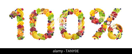 100% aus Früchten und Beeren auf weißem Hintergrund gemacht, 100% natürliches Konzept Stockfoto