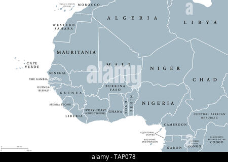 Region Westafrika, politische Karte. Bereich mit Grenzen. Die westlichsten Staaten auf dem afrikanischen Kontinent, auch westliche Afrika aufgerufen. Stockfoto