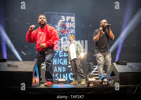 Norwegen, Oslo - 23. Mai 2019. Die amerikanischen Rap Gruppe De La Soul führt ein Live Konzert im Rahmen der Veranstaltung Götter von Rap im Oslo Spektrum in Oslo. Hier die Rapper Maseo, Trugoy und Posdnuos gesehen wird live auf der Bühne. (Foto: Gonzales Foto - Terje Dokken). Stockfoto