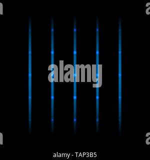 3d Blue fading Neonlicht Elemente, vertikale Linien und Punkten auf schwarzem Hintergrund. Futuristische Muster. Abstrakte Textur Stock Vektor