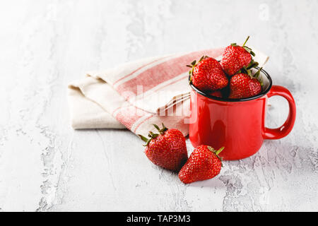 Frische Erdbeeren in rot Emaille Tasse auf grauem Hintergrund. Platz für Text. Stockfoto
