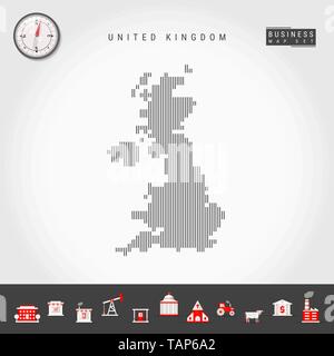 Vektor vertikale Linien Muster Karte von Großbritannien. Gestreift Einfache Silhouette von Großbritannien. Realistische Vektor Kompass. Business Infografik Symbole. Stock Vektor