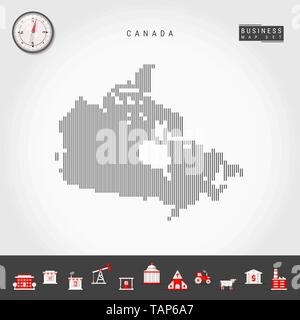 Vektor vertikale Linien Muster Karte von Kanada. Gestreift Einfache Silhouette von Kanada. Realistische Vektor Kompass. Business Infografik Symbole. Stock Vektor