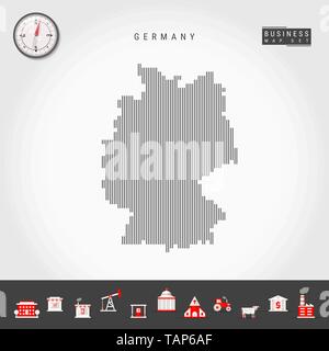 Vektor vertikale Linien Muster Karte von Deutschland. Gestreift Einfache Silhouette von Deutschland. Realistische Vektor Kompass. Business Infografik Symbole. Stock Vektor