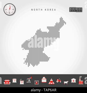 Vektor vertikale Linien Muster Karte von Nordkorea. Gestreift Einfache Silhouette der DVRK. Realistische Vektor Kompass. Business Infografik Symbole. Stock Vektor