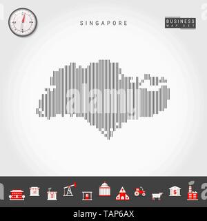 Vektor vertikale Linien Muster Karte von Singapur. Gestreift Einfache Silhouette von Singapur. Realistische Vektor Kompass. Business Infografik Symbole. Stock Vektor