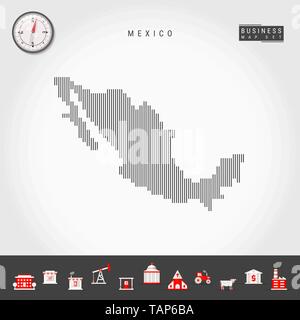 Vektor vertikale Linien Muster Karte von Mexiko. Gestreift Einfache Silhouette von Mexiko. Realistische Vektor Kompass. Business Infografik Symbole. Stock Vektor