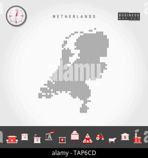 Vektor vertikale Linien Muster Karte von Niederlande. Gestreift Einfache Silhouette von Holland. Realistische Vektor Kompass. Business Infografik Symbole. Stock Vektor