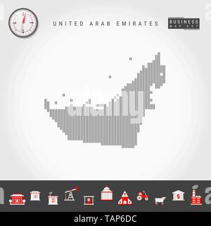 Vektor vertikale Linien Muster Karte der Vereinigten Arabischen Emirate. Gestreift Einfache Silhouette der VAE. Realistische Vektor Kompass. Business Infografik Symbole. Stock Vektor