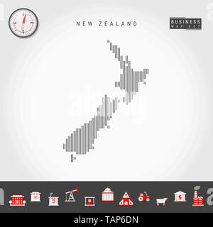 Vektor vertikale Linien Muster Karte von Neuseeland. Gestreift Einfache Silhouette von Neuseeland. Realistische Vektor Kompass. Business Infografik Symbole. Stock Vektor