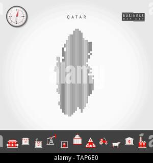 Vektor vertikale Linien Muster Karte von Qatar. Gestreift Einfache Silhouette von Qatar. Realistische Vektor Kompass. Business Infografik Symbole. Stock Vektor