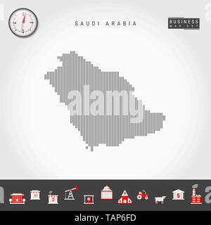 Vektor vertikale Linien Muster Karte von Saudi-arabien. Gestreift Einfache Silhouette von Saudi-arabien. Realistische Vektor Kompass. Business Infografik Symbole. Stock Vektor