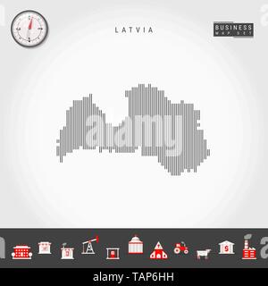 Vektor vertikale Linien Muster Karte von Lettland. Gestreift Einfache Silhouette von Lettland. Realistische Vektor Kompass. Business Infografik Symbole. Stock Vektor