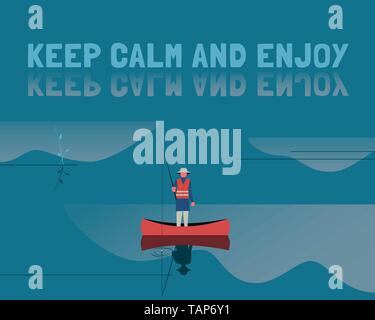 Angler mit Boot auf ruhigem Wasser flach Farbe Vektor Stock Vektor