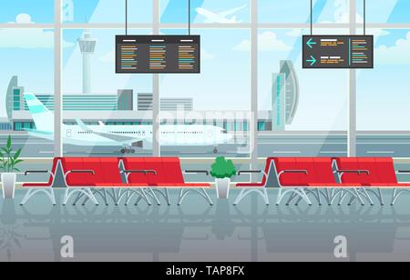 Airport Lounge Interieur, Wartesaal mit roten Stühlen, Informationstafeln Stock Vektor