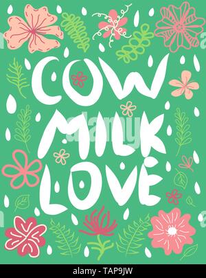 Die Worte, die Kuh, Liebe, Milch-Schriftzug in weiß Farben auf einem grünen Hintergrund, Konzept Stock Vektor