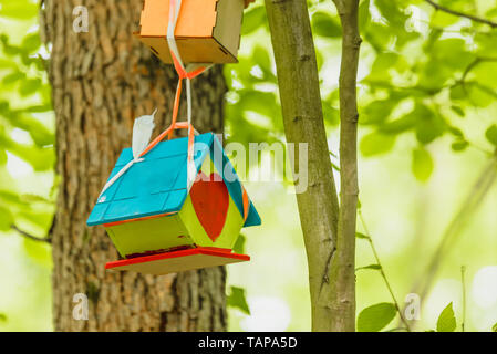 Synthetische bunte Nester hängen am Baum. Handgefertigte Holz Vogelhaus auf einen Baum für Vogel Schutz. Frühling Landschaft mit Vogel Nistkasten an einem Baum Stockfoto