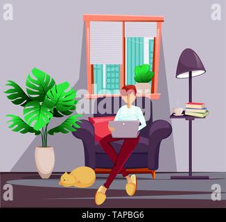 Junger Mann Freiberufler arbeiten in komfortablen Sessel. Ausstattung der Zimmer, moderne Home Office, flacher Stil. Vector Illustration. Stock Vektor