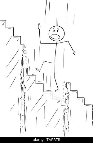 Vektor cartoon Strichmännchen Zeichnen konzeptionelle Darstellung der Mann oder Geschäftsmann Wandern oder Klettern die Treppe hinauf, während die Treppe zusammenbricht, und er ist nach unten fallen. Business oder Karriere Metapher. Stock Vektor