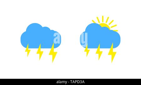 Sonniges Wetter zeichen Symbol auf weißem Hintergrund. Gelbe Sonne und Wolken und Blitze Abbildung Stock Vektor