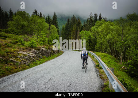 Weibliche Radfahrer auf der Route 57 in der Nähe von Sognefjord, Norwegen Stockfoto