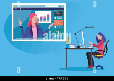 Mann nach einer online Bildung und e-Learning Kurs über seinen Laptop mit einem online professionelle Lehrer. Flaches Design Illustration. Stock Vektor