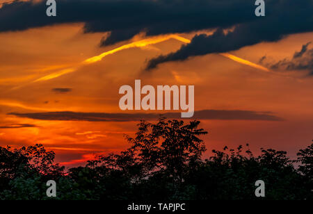 Mai 2019: Tiefen goldenen Farben leuchtet der Himmel über den Wiesen und Berge. Clifford Norton Alamy Stockfoto